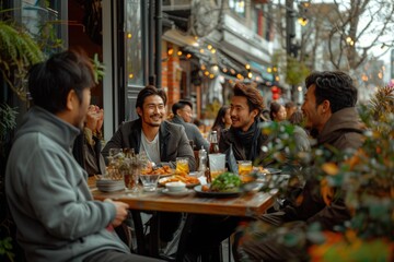 Smiling Asian business people having a lunch outdoors. They are smiling and having positive emotion while they talk  - obrazy, fototapety, plakaty