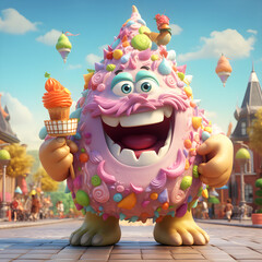 Delightful Charming Ice Cream Monster. Discover a charming ice cream monster featuring fruit slice ears and a candy necklace, depicted in delightful 3D cartoon.
