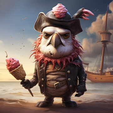 A pirate-themed ice cream monster with a cone peg leg and a scoop for an eye patch..