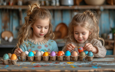 Obraz premium Two little girls are painting Easter eggs in the kitchen