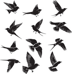 Set of Birds Flying Black Silhouettes