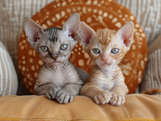 Two Devon Rex kittens are sitting on the couch and looking at the camera.