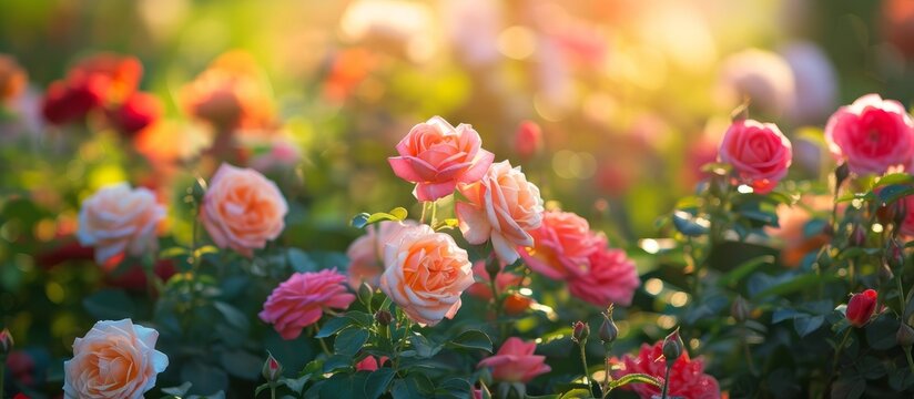 Beautiful Red and Pink Roses Blooming in a Lush Green Field on a Sunny Day
