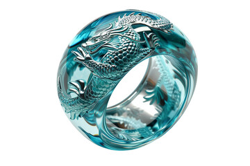 Aqua Metal Ring Engraved with Dragon on Transparent Background