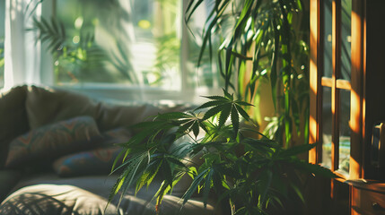 Grünes Zuhause: Cannabis-Pflanze liebevoll zuhause angebaut - obrazy, fototapety, plakaty