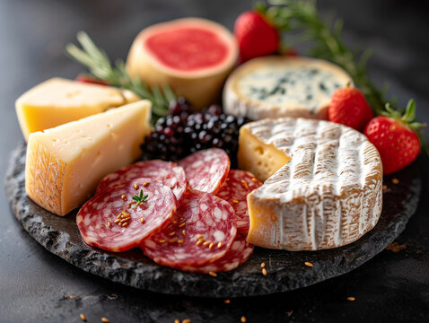 Cheese plate. Assorted cheeses and salami on stone board