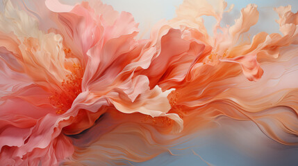 abstract painting of a three-dimensional flower with large petals made of acrylic paint in pink and peach shades