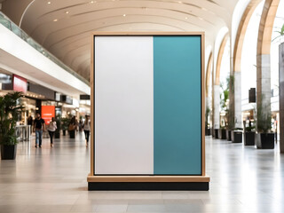 A mockup poster stands within a shopping centre mall setting or the high street, showcasing a wide banner design featuring ample blank space for your content design.