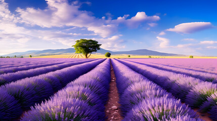 Neat lavender bushes in even rows of fragrant lavanda field,,
Beautiful lavender field at sunrise. Purple flower background. Blossom violet aromatic plants. Pro Photo

