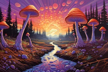Foto op Canvas a colorful landscape with mushrooms and a river © Ana