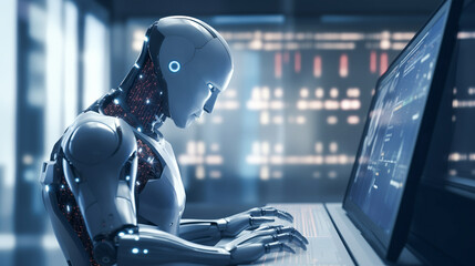 Robot Sitting in Front of Futuristic Computer and Working
