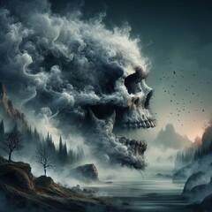 A gloomy skull made of plumes of smoke floating in the air above the forest. A dark and symbolic image conveying an atmosphere of mystery and mysticism - obrazy, fototapety, plakaty