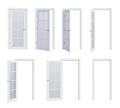 Set of six opening options of isolated white wooden modern classic doors with satin glass panel, lite bars, silver handle, three silver hinges, and door frame. Front view. 3d rendering