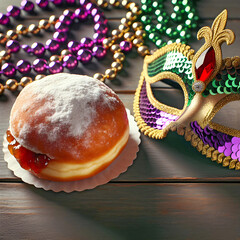 Mardi Gras mask and beads on wood with traditional paczki pastry