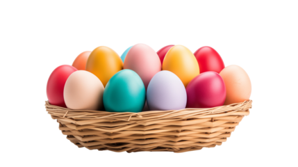 Happy Easter Eggs in Basket isolated on a transparent background.