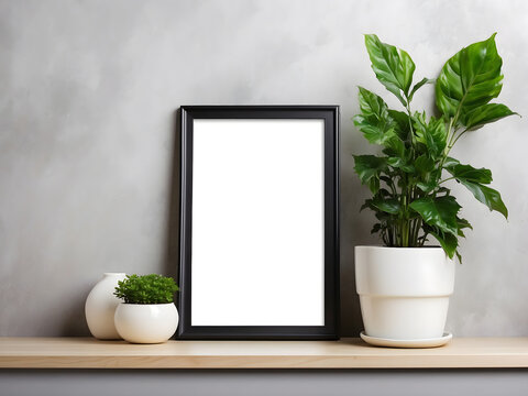 A Plant and chair with blank picture frame on wall background designs, A Plant with blank picture frame on wall background design.