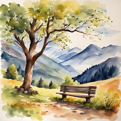 Wooden bench under a summer tree with a mountain background in watercolor effect