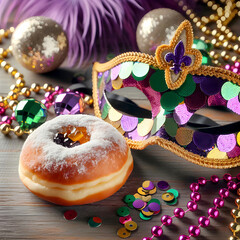 Mardi Gras paczki with fancy sequin mask, feathers and necklace