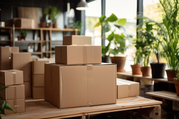 Warehouse For Small Businesses Go green. Carton boxes on wooden table with green plants on background.