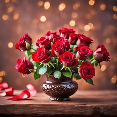 Valentine's Day red rose bouquet in a chocolate vase with bokeh lighting background