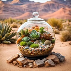 Glass terrarium with succulents plants on rocks in the desert
