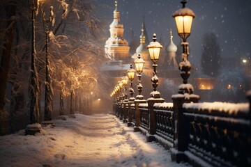 a snow covered street with street lights