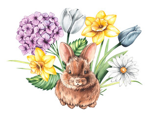 Watercolor cute bunny in spring flowers