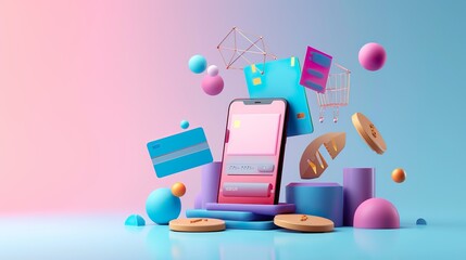 Contactless payment via NFC technology wireless pay by credit card or money wallet on smartphone, 3d rendering