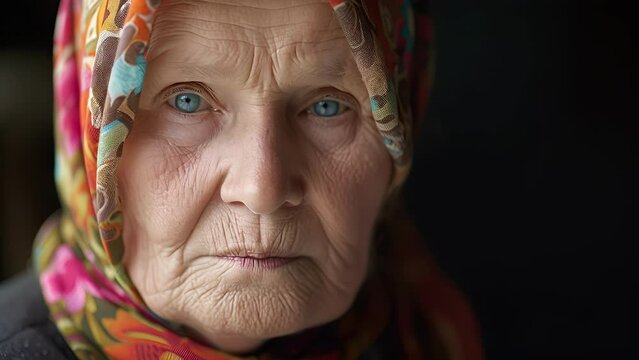 An older woman with a headscarf and long skirt representing the traditional Hutterite lifestyle, Elderly female With Headscarf Gazing Directly at the Camera