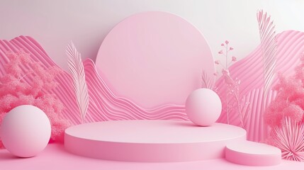 Empty neutral pink textured podium stage background with abstract lifestyle sunlight shadows. Template for business brand product showcase, sustainable aesthetic backdrop