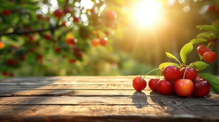 
Ripe cherry harvest And Empty wooden table with rural background. Selective focus on tabletop. - Powered by Adobe
