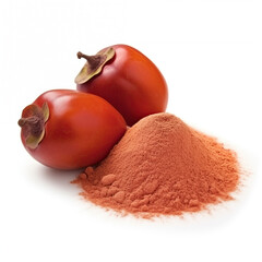 close up pile of finely dry organic fresh raw tamarillo powder isolated on white background. bright colored heaps of herbal, spice or seasoning recipes clipping path. selective focus