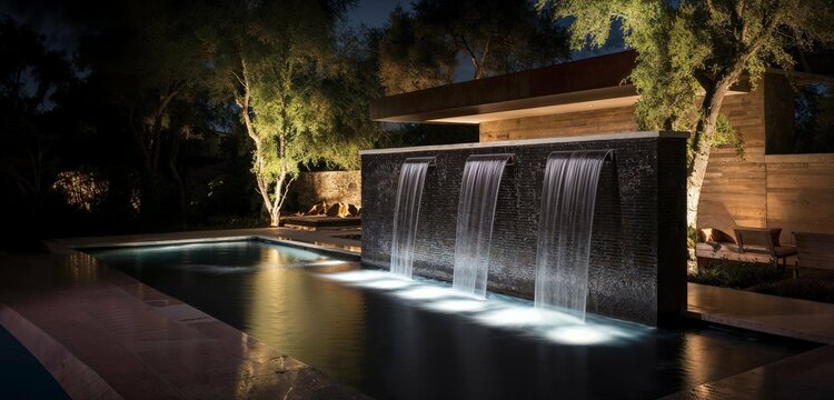 outdoor home modern water feature fountain waterfall on swimming pool as wide banner with copy space area for garden landscape design concepts