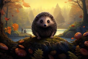 a cartoon of a hedgehog on a rock in front of a river