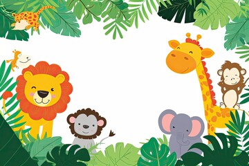 Naklejka premium Jungle wallpaper in cute cartoon style with animals. Empty space in the middle.