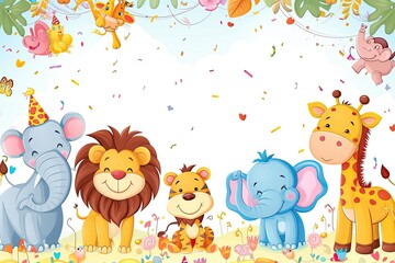 Naklejka premium Jungle wallpaper in cute cartoon style with animals. Empty space in the middle.