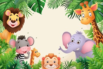 Naklejka premium Jungle wallpaper in cute cartoon style with animals. Empty space in the middle.
