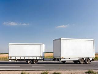 A white cargo truck design with a white blank empty trailer for an ad on a highway road in Europe design.
