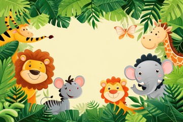 Naklejka premium Jungle wallpaper in cute cartoon style with animals. Empty space in the middle.