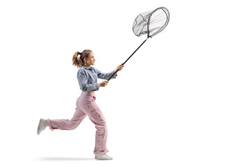 Teenage girl running and holding a catching net