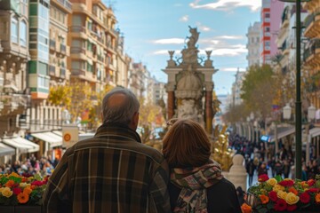 Fototapeta premium view from behind, a couple view the impresionant monument of las fallas festivity in Valencia