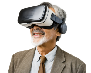 Senior man using virtual reality headset. Future technology concept. Isolated on transparent background