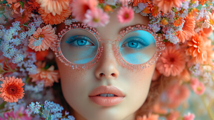 Floral Radiance: Stylish Woman Adorned with Flowers in Glasses