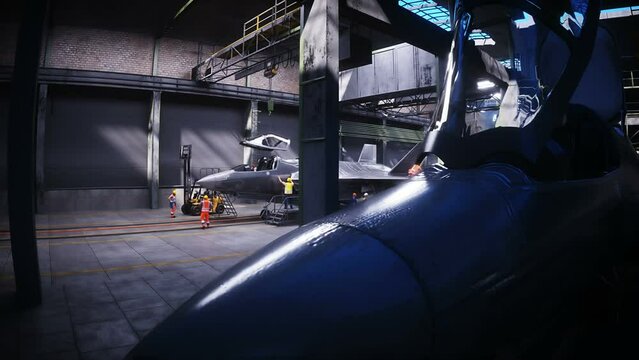 Production of military fighter jet f 35 at the factory. Military factory weapon. Realistic 4k animation.