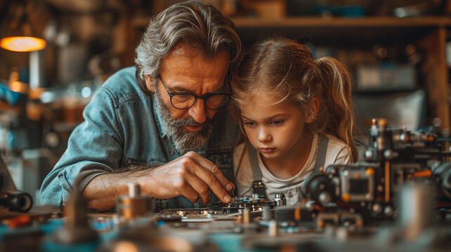 Tech Bonding: Father and Daughter Building Robot in Bright Room