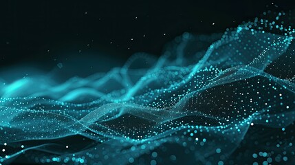 An abstract wave of turquoise-colored digital particles flowing over a dark background with a bokeh effect