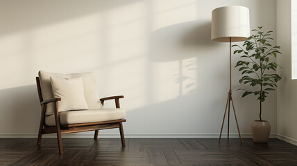 White Elegance: Chair, Lamp, and Potted Flower Against White Wall