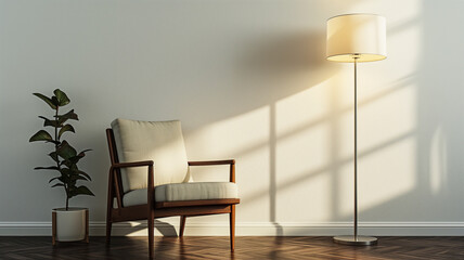 Simplicity in Style: Minimalist Armchair with Lamp and Flower on White Wall