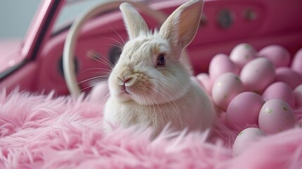 White Rabbit in Pink Car with Pink Easter Eggs