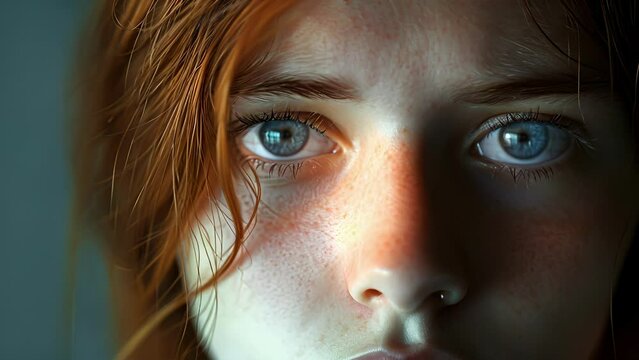 A portrait of a teenage girl with a mix of emotions on her face reflecting the intense mood swings and emotional volatility of bipolar disorder, Close-Up of Womans Face With Blue Eyes